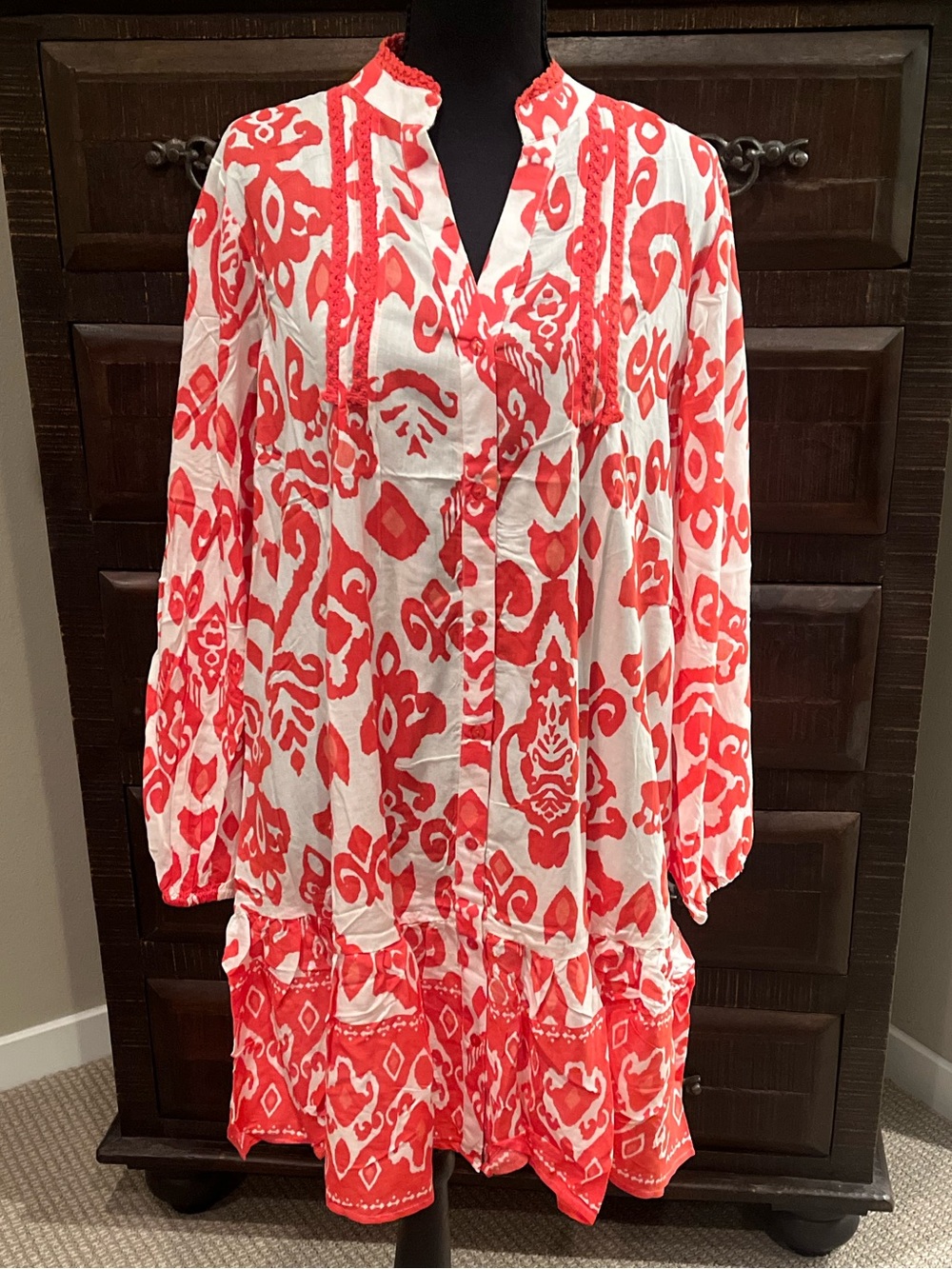 Coral & White Printed Midi Tiered Dress with Crochet Trim Boho Retro
